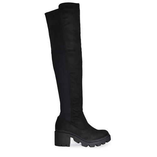 VIVICA-08 Faux Suede Lycra Knee High Lug Sole Chunky Heel Boots-Black-Side Profile 