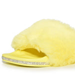 MADELLE-01 Rhinestone Embellished Faux Fur Fluffy Open Toe Flat Slide Sandals