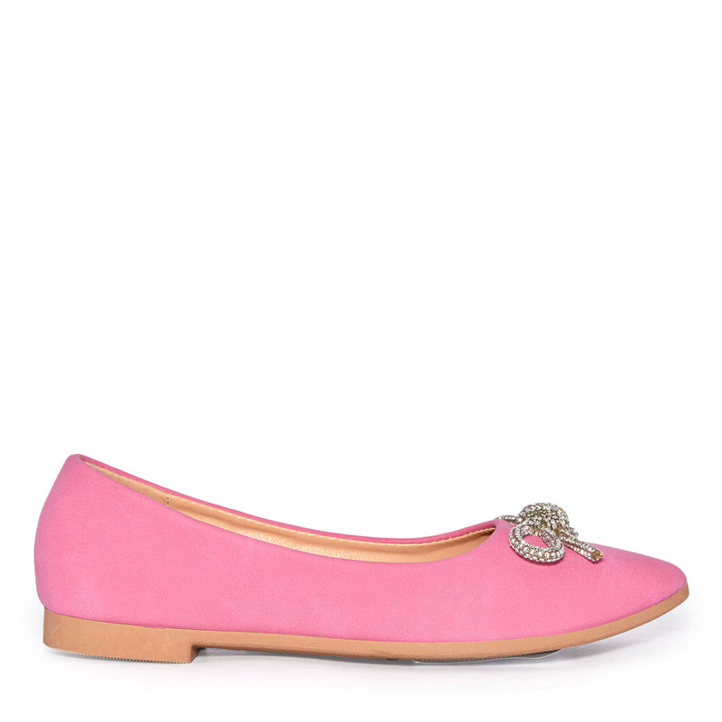 Wild Diva Womens Classic Pointy Toe Faux Leather Rhinestone Bow Flats