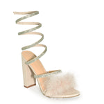 MORRIS-573 Feather Rhinestone Embellished Wrap Around Chunky Block Heel Sandals