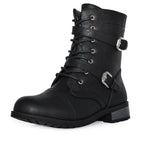 Wild Diva Women's Faux Leather Strappy Buckle Military Combat Fashion Lace Up Ankle Boots Media 3 of 12