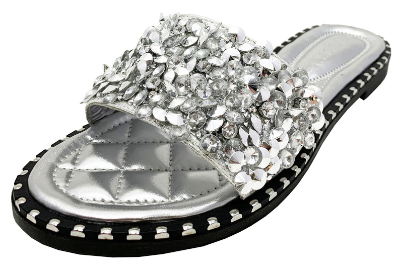 TIA-01 WOMEN'S SPARKLE METALLIC OPEN TOE FASHION FLAT SANDALS SLIP-ON FLIP FLOP