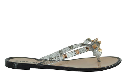 JOANIE-173 LUCITE JELLY SLIDES PYRAMID STUD CLEAR  FLAT SANDALS FLIP FLOPS