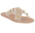 JOANNA-08 STUDDED CRISS CROSS SLIDE SANDALS