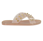 JOANNA-08 STUDDED CRISS CROSS SLIDE SANDALS